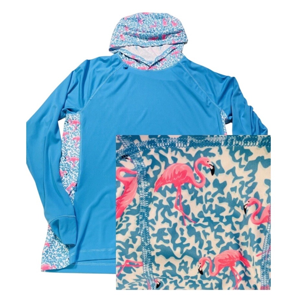 Chubbies Pullover Hooded Blue & White With Pink Flamingos Rash Guard Medium